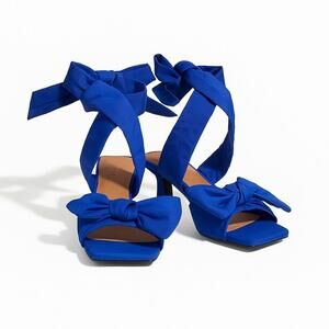 GANNI Royal Blue Bow Detailed Faille Sandals Ankle Wrap 39